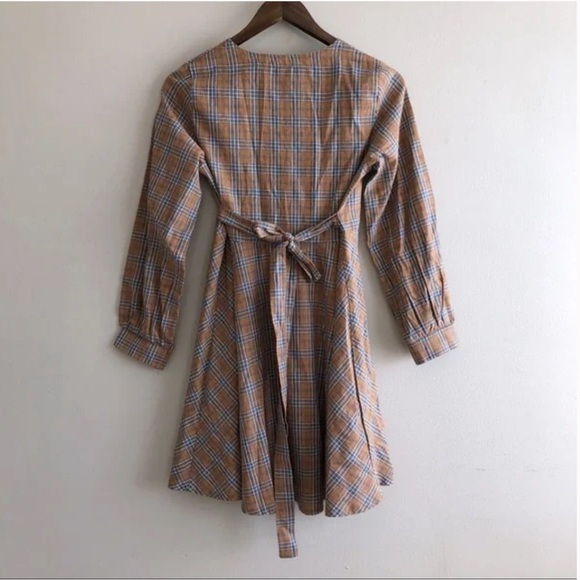 Preppy Plaid Wrap Skirt Tie Waist Long Sleeve V Neck Flowy Mini Dress Brown - Picture 7 of 11